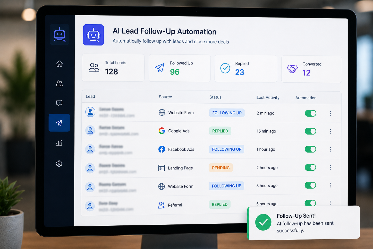 Marketing analytics dashboard showing lead follow-up metrics